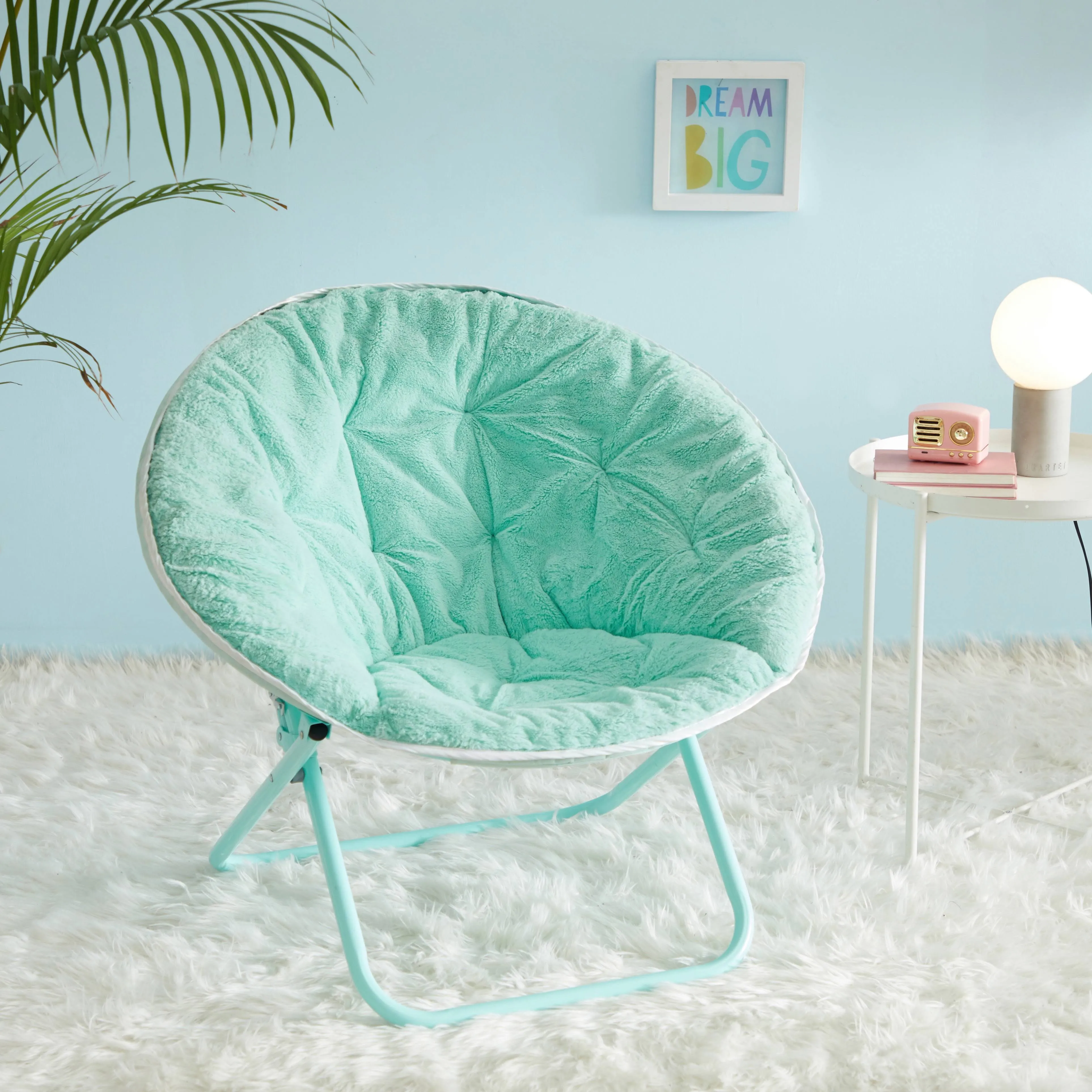 Urban Lifestyle Faux Fur with Holographic Trim Foldable Saucer Chair, Teal