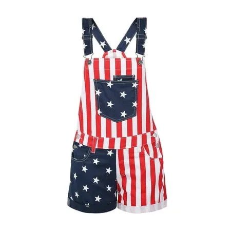 CenturyX Women Men American Flag Print Overalls 4th of July Romper Jean Adjustable Strap Denim Bib Shorts with Pocket Blue Red M