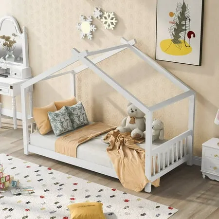 Giantex House Bed Twin, Solid Wood Kids House Bed with Roof, Grey