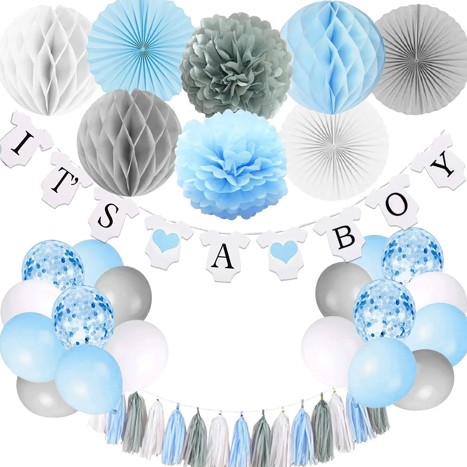 Baby Shower Decorations for Boy, It’s A Boy Banner with Paper Fan Tissue Pompoms Honeycomb Ball Party Balloons Foil Tassel, Blue and Grey It’s A Boy