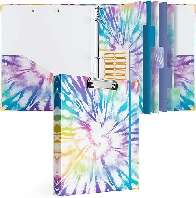 WATINC Tie dye 3 Ring Binder 1 Inch for Letter Size Paper with 5-Tab Binder Colorful Dividers, Decorative Hardcover File Folder Labels Clipboard with Pockets School Office Supply for Students Teacher