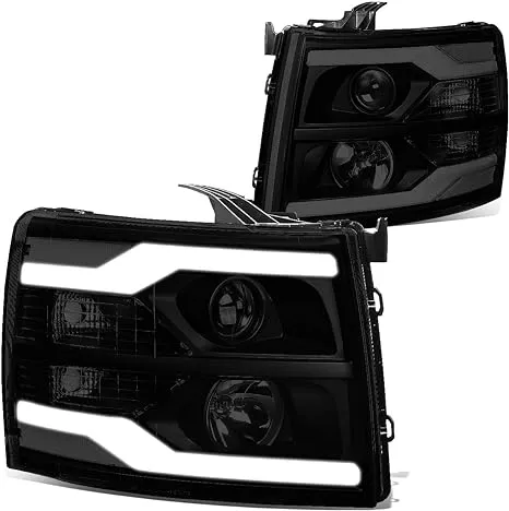 DNA Motoring HL-HPL-CSIL07-G2-CH-AM For 2007 to 2014 Chevy Silverado Dual LED DRL Strip Projector Headlight Chrome Housing Amber Side Headlamp 08 09 10 11 12 13 1500 2500 3500