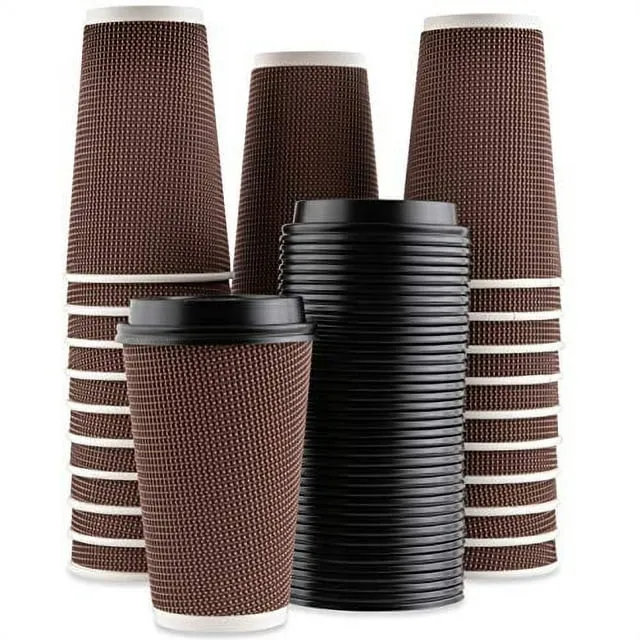 [85 SET]Harvest Pack 16 oz Disposable Coffee Cups, Insulated Ripple Double-Walled Paper Cup with Lid, Brown Geometric, Tea Hot Chocolate Drinks To go coffee cups