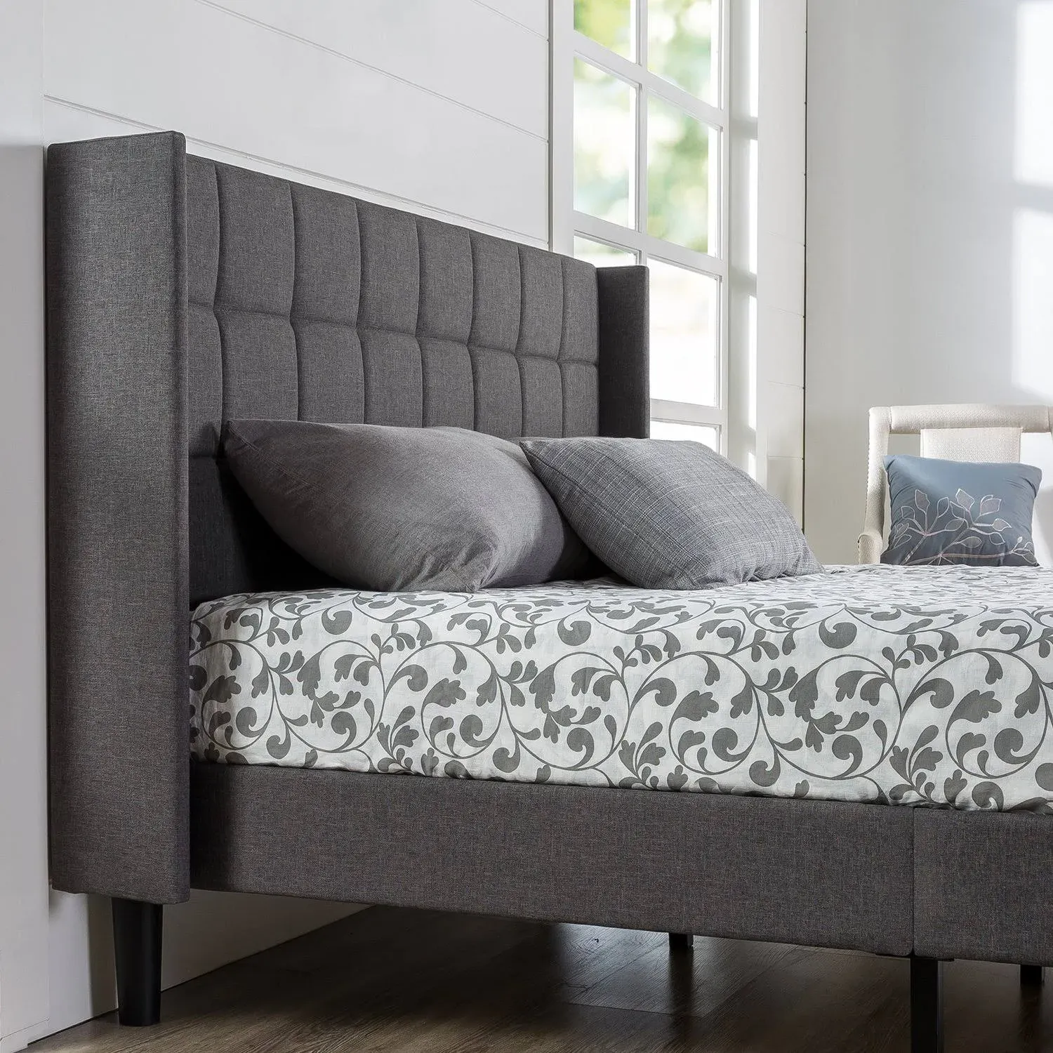 Full Dori Upholstered Platform Bed Frame with Wingback Headboard Gray - Zinus