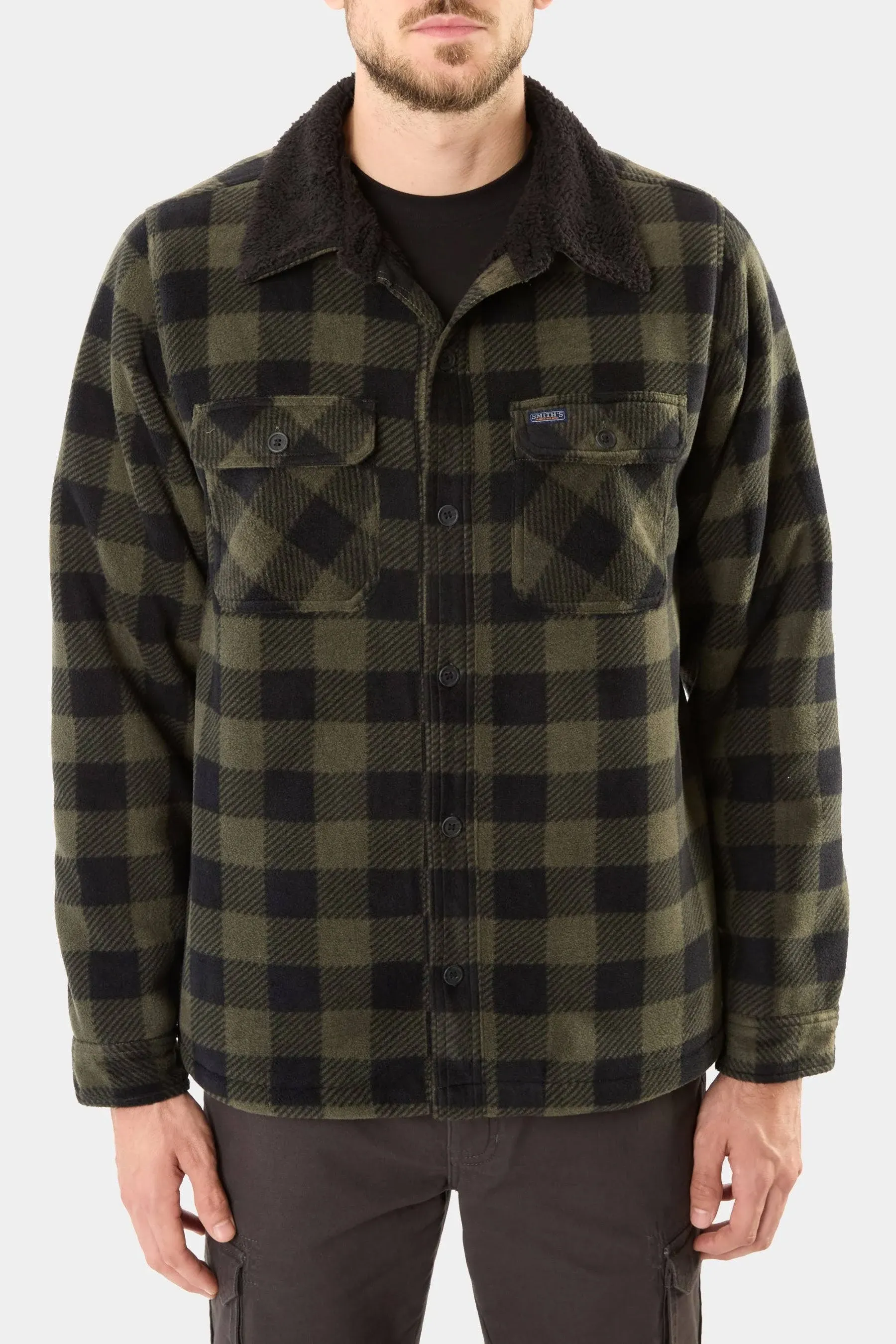 Smith's Workwear Sherpa-Lined Plaid Polarfleece Jacket, Camel, XL