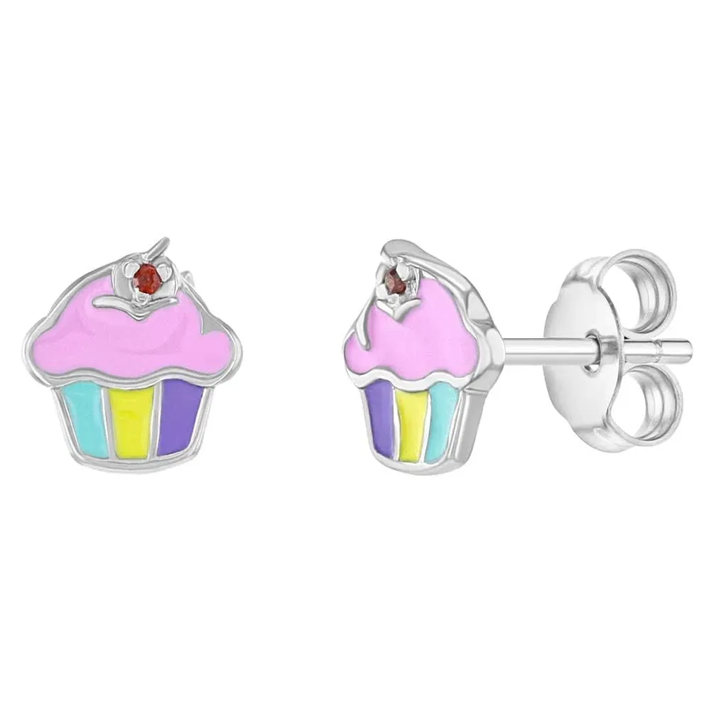 Pink Frosted Cupcake Kids / Children&#039;s / Girls Earrings Enamel - Sterling Silver