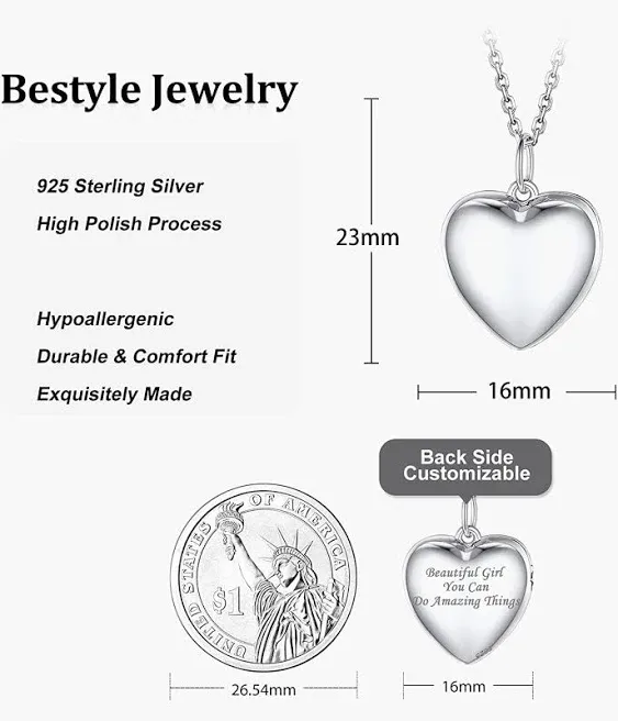 Bestyle Sterling Silver Heart Locket Necklace for Women Girls, Dainty Cute Small