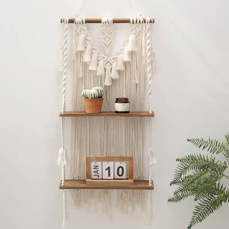 2 Tier Macrame Boho Wall Hanging Shelf, Handmade Bohemian Wooden Woven Plants Floating Shelves Decor, Decorative Chic Rope Crystal Holder Organizer for Bathroom Bedroom Kitchen Home Nursery Storage