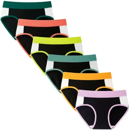 INNERSY Big Girls Underwear Soft Cotton Briefs Mid-Waist Panties for Teen Girls 6 Pack (M(10-12 yrs) Black with Colorful Band)