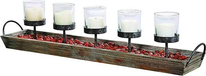 Creative Co-Op 5 Metal Rectangle Wood Tray with Handles Votive Candle Holder, Brown