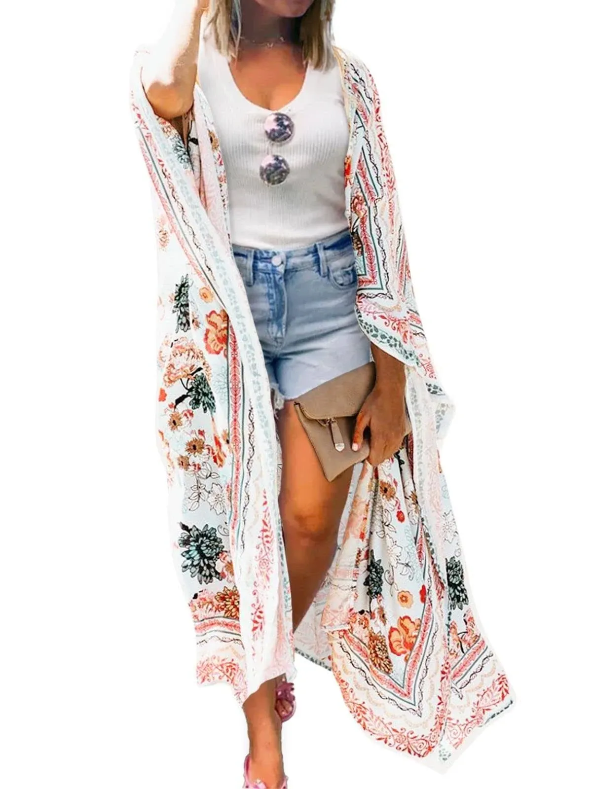 MayBuy Women's Summer Long Flowy Kimono Cardigans Boho Chiffon Beach Cover Up Tops