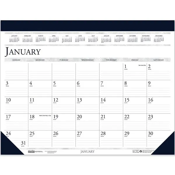 Recycled Two-Color Monthly Desk Pad Calendar, 22 x 17, Perforated White/Blue/Gray Sheets, 12-Month (Jan-Dec): 2025