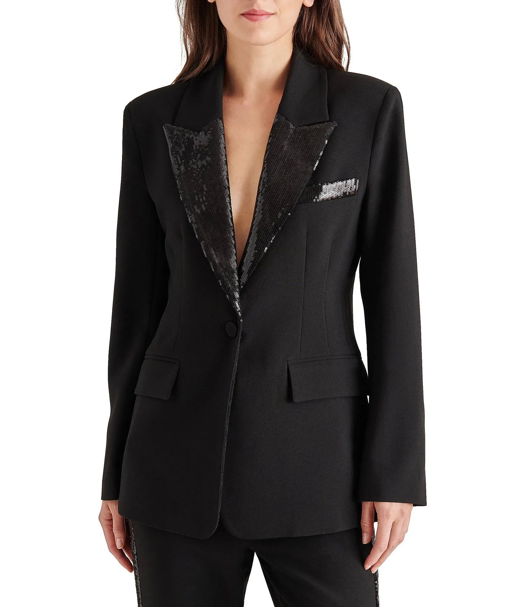 Shop Steve Madden Women's Misha Sequin-trim One-button Blazer In Black