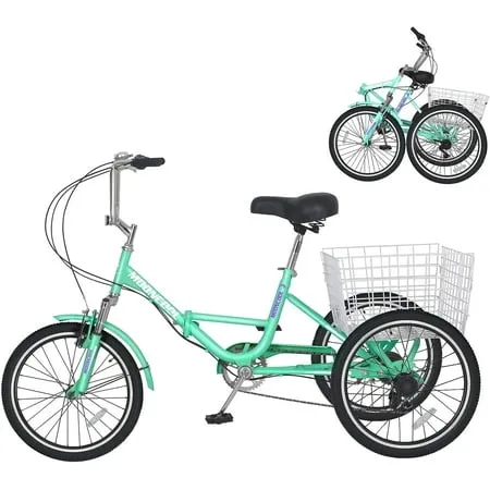 Slsy Adult Folding Tricycle for Adults, 7 Speed 20/24/26 inch 3 Wheels Bikes with Basket, Foldable Tricycle for Adults, Women, Men, Seniors