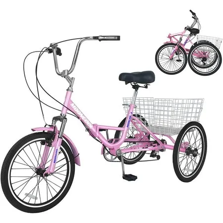 ABORON 20/24/26 inch 7 Speed Adult Folding Tricycles with Basket, 3-Wheels Cruiser Bike, Camping Folding Trikes for Women, Men, Seniors