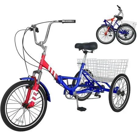 ABORON 20/24/26 inch 7 Speed Adult Folding Tricycles with Basket 3-Wheels Cruiser Bike Camping Folding Trikes for Women Men Seniors