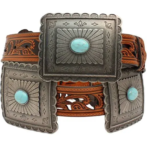 Turquoise/Silv<wbr/>er ~ARIAT~CONCHO BELT Brown Leather Western  COWGIRL A15321