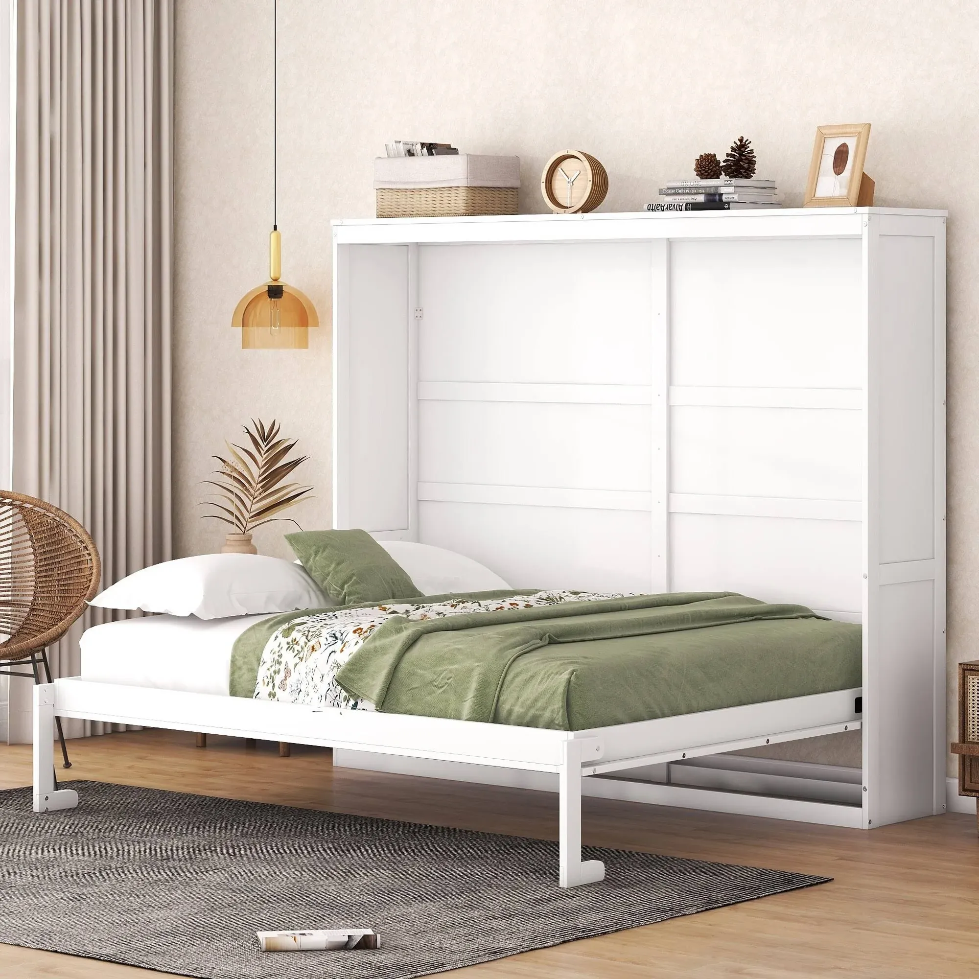 RUNNA Multifunctional Full Size Murphy Bed Wall Bed,Solid Wood Wall Bed can be Folded into a Cabinet,Saves Bedroom Space, Ideal for Guest Rooms and Offices (Grey#Plywood1)