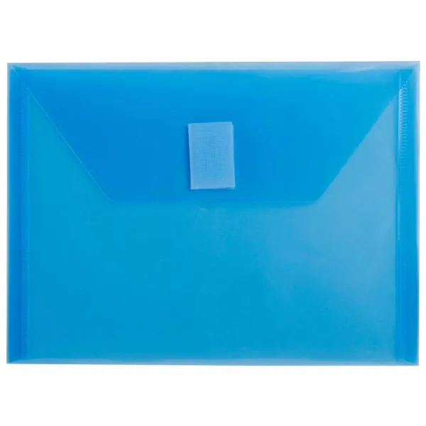 JAM Paper&reg; Plastic Booklet Envelopes With Hook-And-Loop Fastener, 5 1/2&quot; x 7 1/2&quot;, Gummed Seal, Blue, Pack Of 12