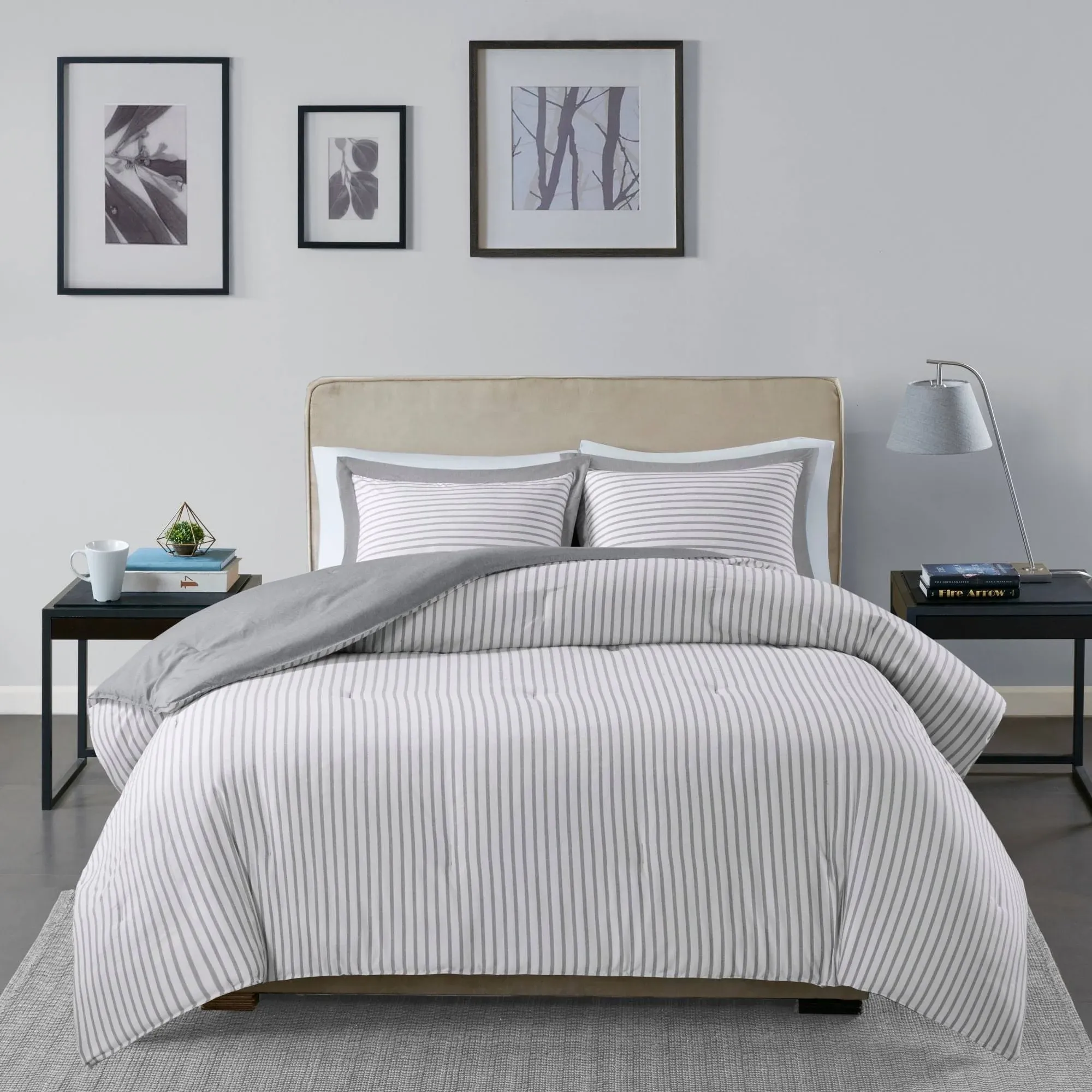 Madison Park Hayden Grey Twin Reversible Stripe Down Alternative Comforter Mini Set