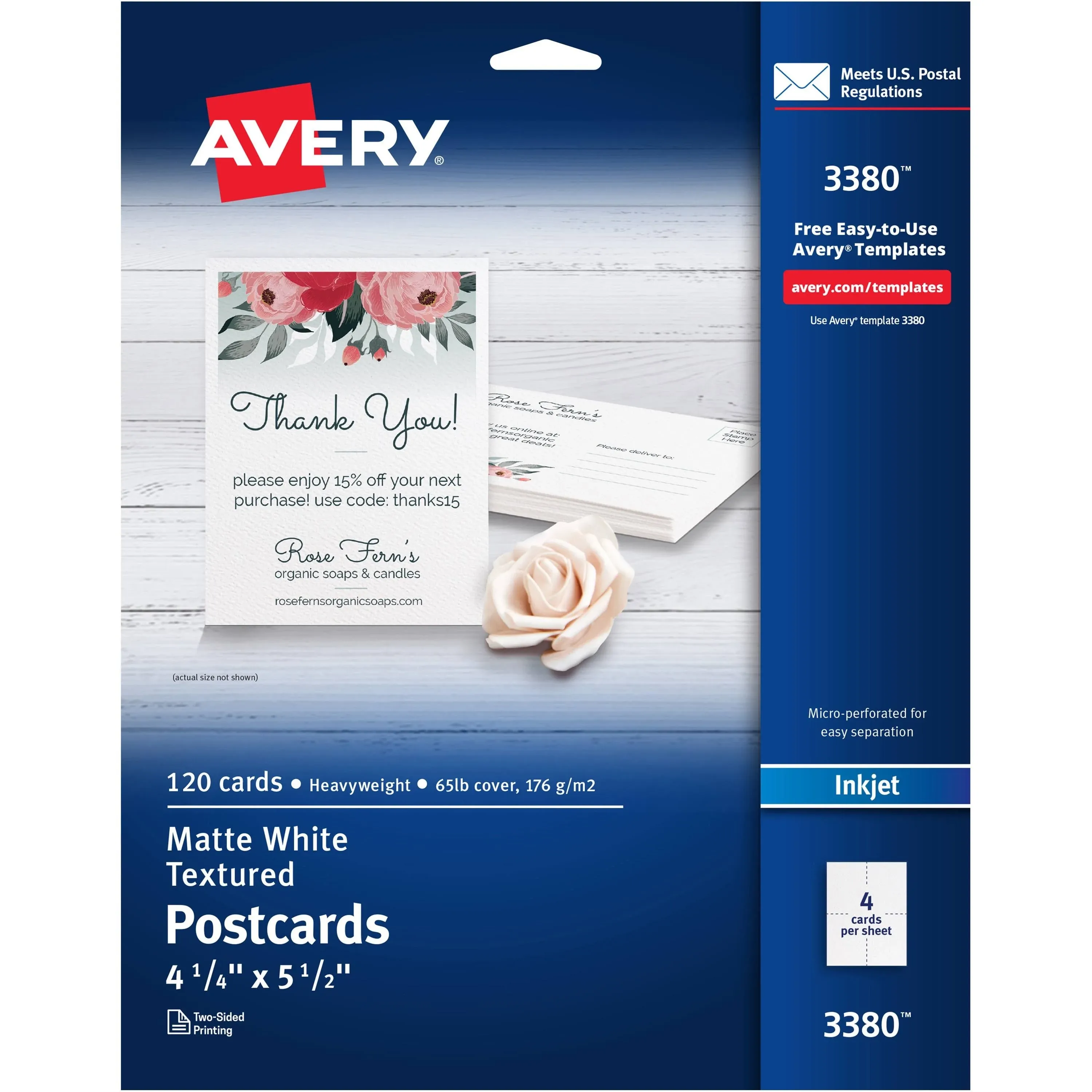 Avery® Inkjet Postcard - White - 90 Brightness - 4 1/4" x 5 1/2" - Textured Matte - 120 / Box - Rounded Corner, Micro Perforated, Smudge-free, Jam-free | Bundle of 10 Boxes