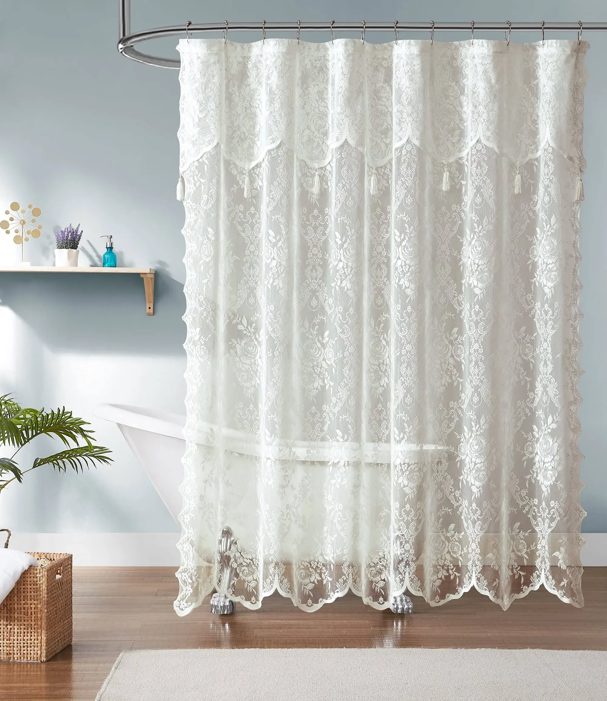 Warm Home Designs Ivory Lace Shower Curtain 108 x 72 Inches with Attached Valance & 10 Tassels. Luxury Farmhouse Shower Curtains for The Bathroom or Boho Shower Curtains for Bathroom. LA Ivory 108"