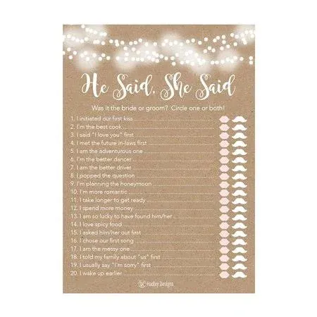 25 Rustic Wedding Bridal Shower Engagement Bachelorette Anniversary Party Game Ideas He Said She Said Cards for