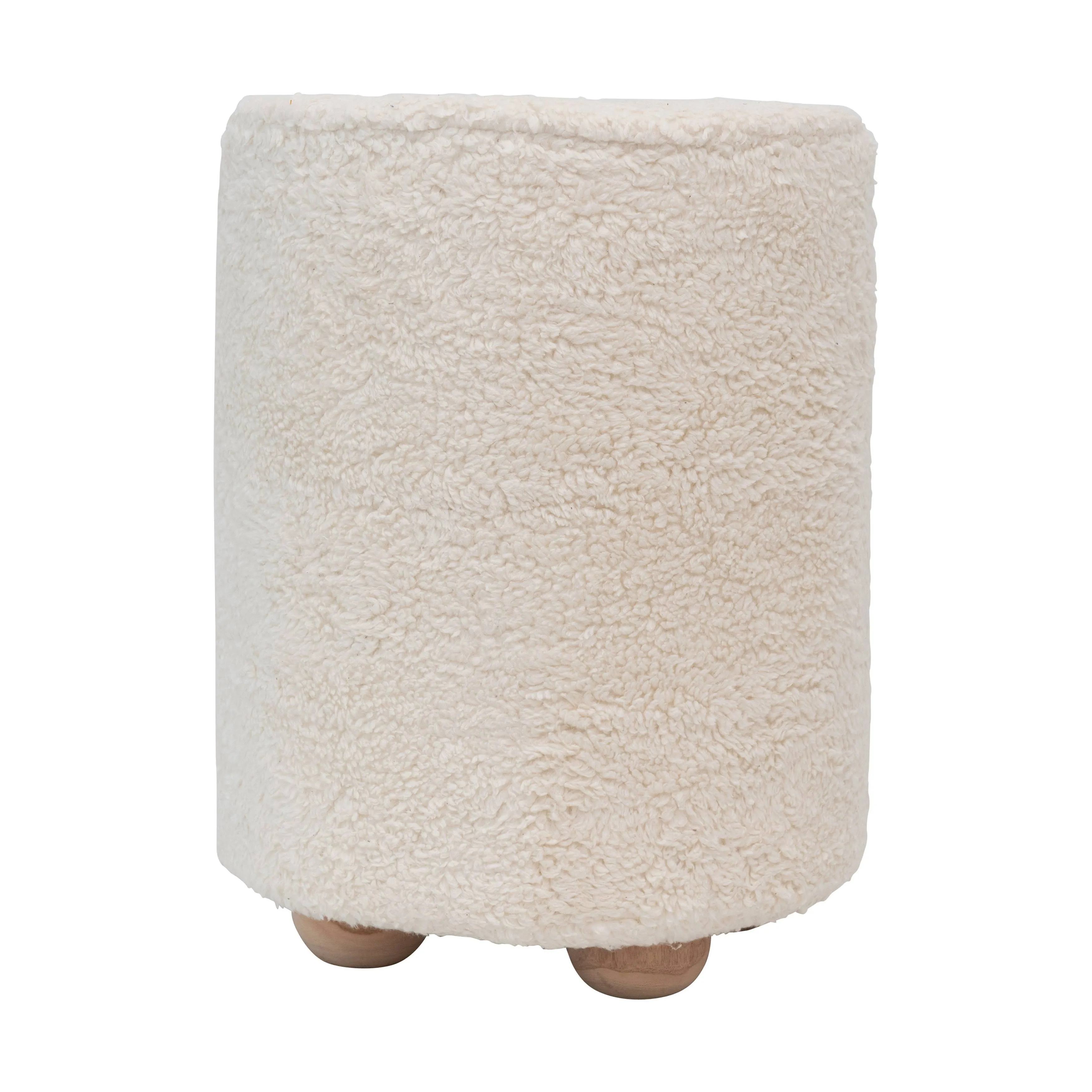 Bloomingville Round Cotton Sherpa Pine Wood Feet Pouf, Cream