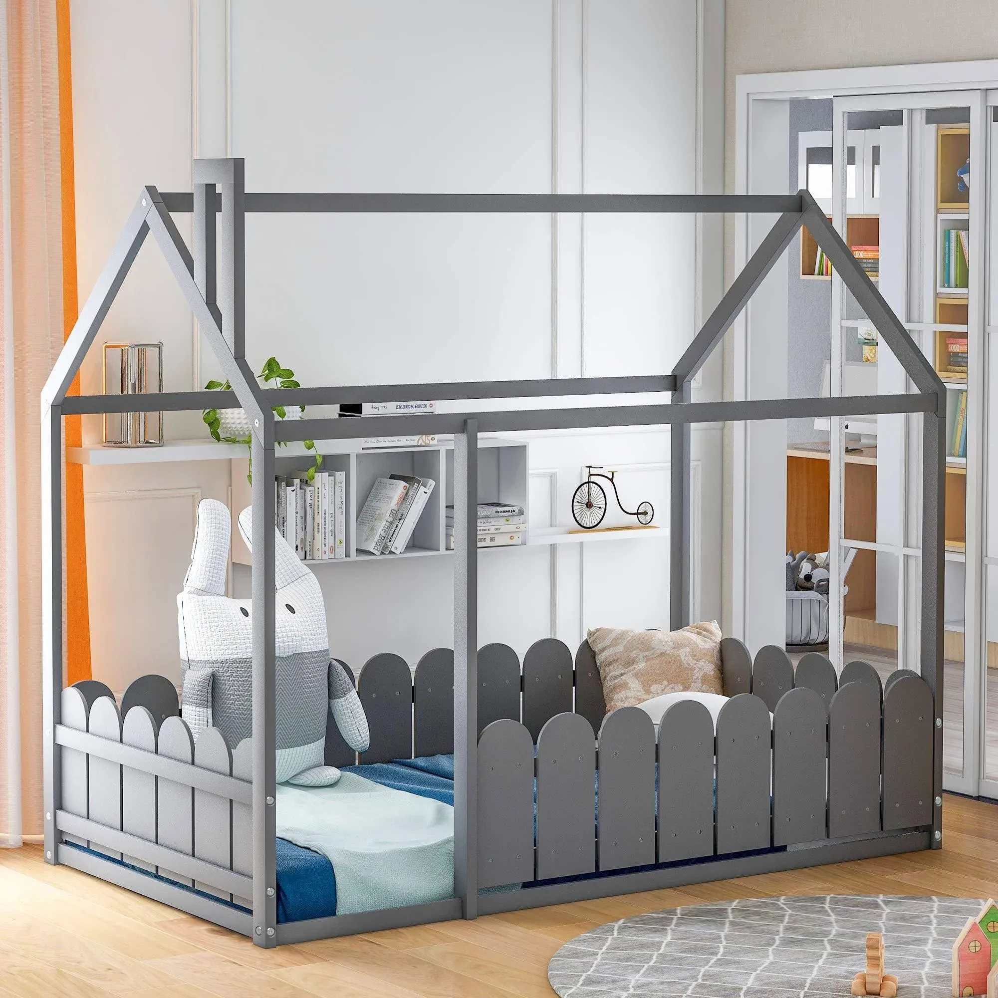 Merax Wooden House Bed with Fence-Shaped Guardrail Montessori Twin, Grey 