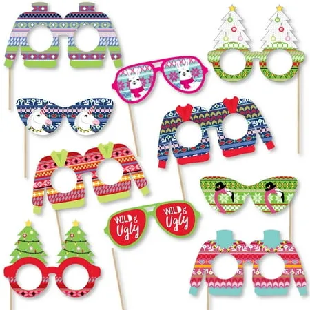 Big Dot of Happiness Wild and Ugly Sweater Party Glasses & Masks - Paper Card Stock Holiday & Christmas Animals Party Photo Booth Props Kit - 10 Count