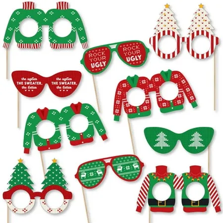 Big Dot of Happiness Ugly Sweater Glasses and Masks - Paper Card Stock Holiday and Christmas Party Photo Booth Props Kit - 10 Count