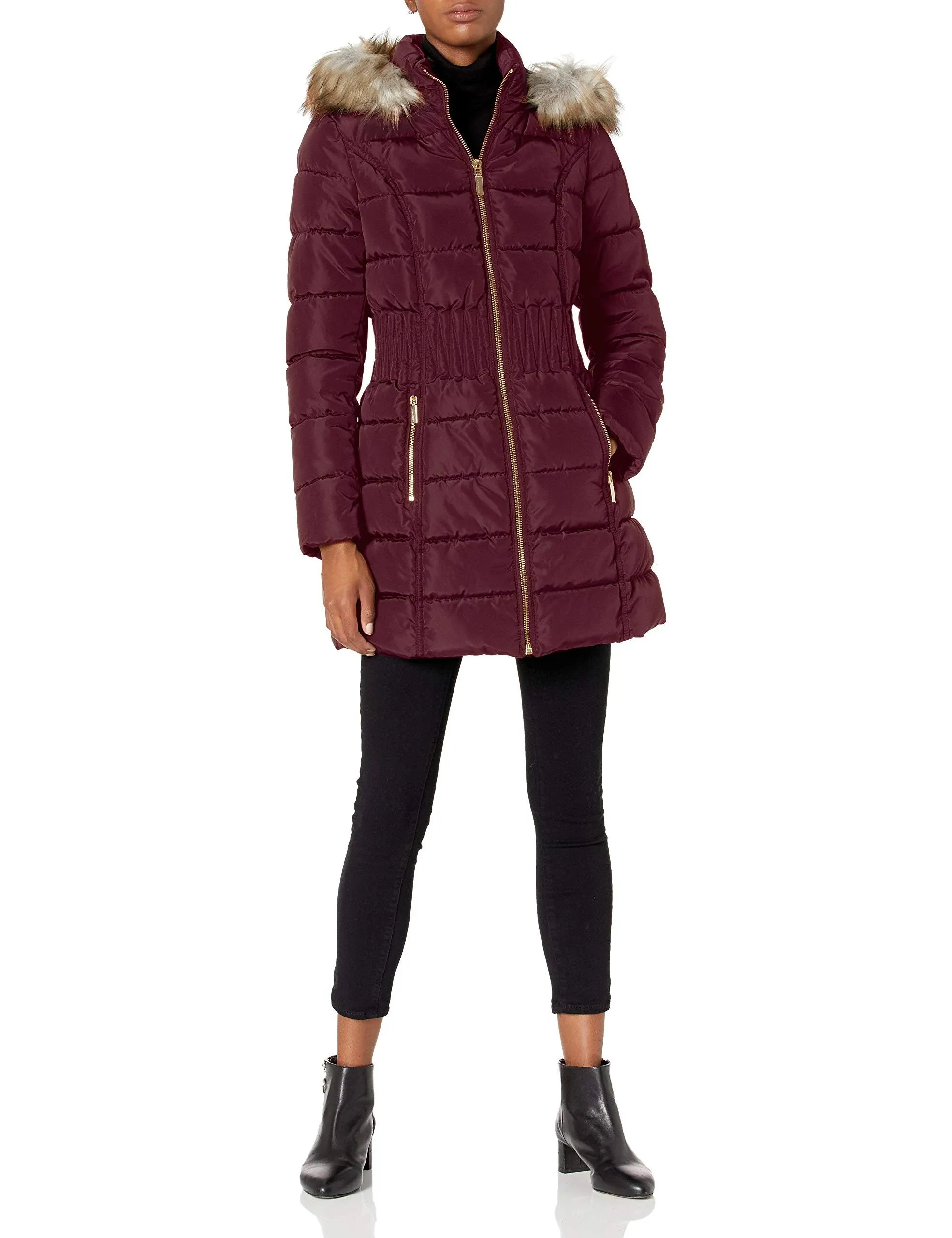 "LAUNDRY BY SHELLI SEGAL Women's 3/4 Puffer With Zig Zag Cinched Waist and Faux Fur Trim Hood Jacket, Port Royal Coat"