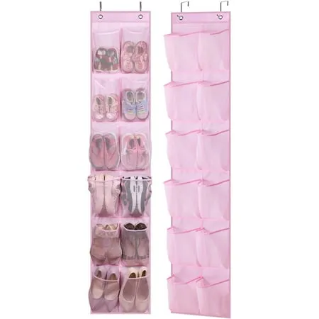 MISSLO Kids Over the Door Shoe Organizer Baby Hanging Shoe Rack Narrow Closet Storage bags with 12 Mesh Pockets for Girl Women Men Toddler Nursery, 2 Packs, Pink