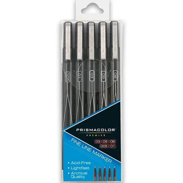 Prismacolor Premier Fine Line Illustration Markers, Assorted Fine Tips, Black, Adult Coloring, 5 Pack