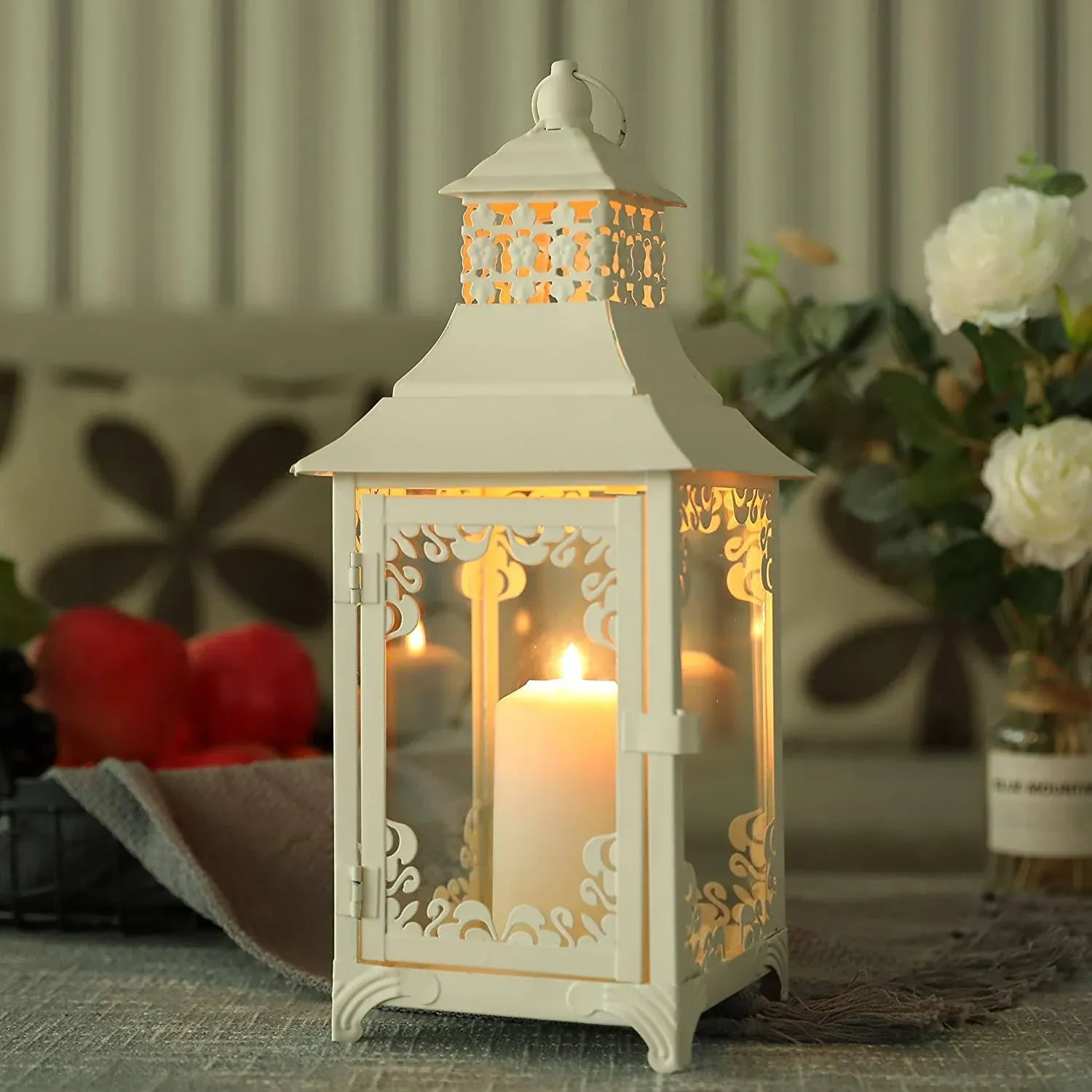 JHY DESIGN Decorative Candle Lantern 15''High Vintage Style Hanging Lantern Metal Candleholder for Indoor Outdoor Events Parities and Weddings（White）