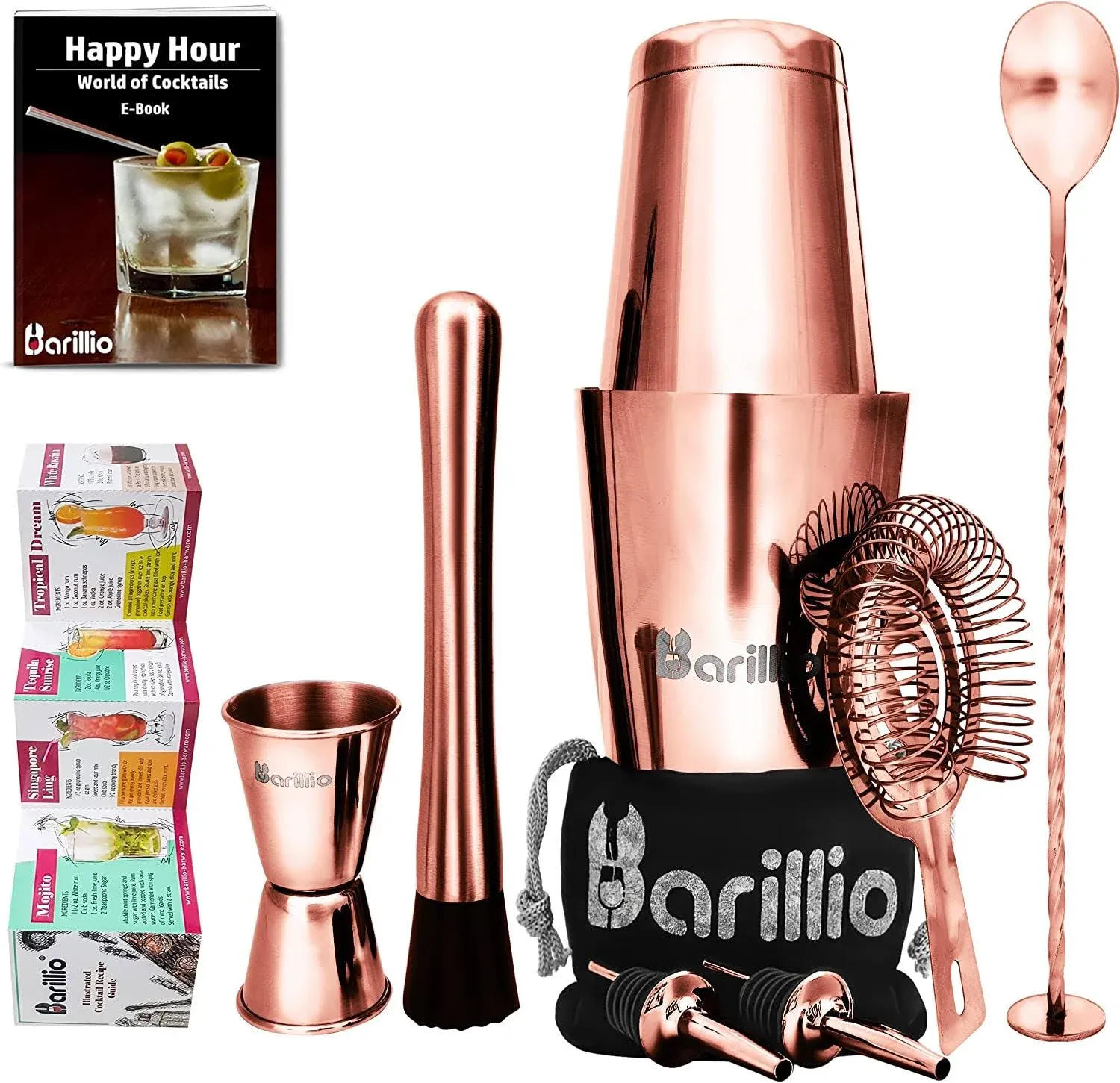 Copper Boston Shaker Cocktail Shaker Set | Professional Bartender Kit with Weighted Martini Mixer, Hawthorne Strainer, Jigger, Mojito Muddler, Mixing Spoon & 2 Liquor Pourers……Copper Boston Shaker Cocktail Shaker Set | Professional Bar…