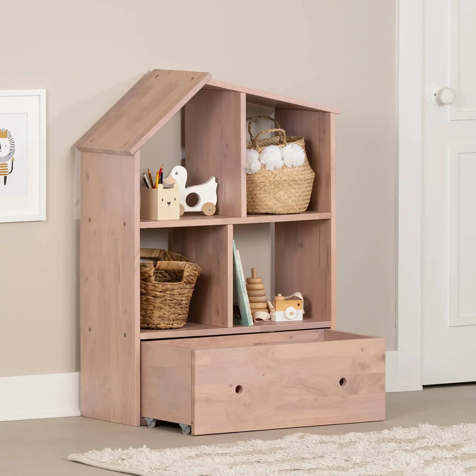 South Shore Sweedi Bookcase with Storage Bin Pink