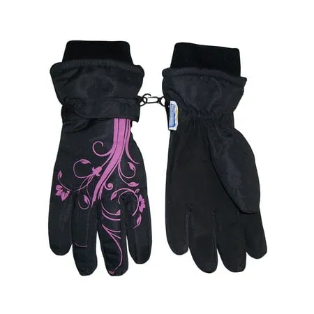 N Ice Caps Girls Kids Thinsulate Waterproof Winter Flower Print Snow Ski Black Gloves - Children