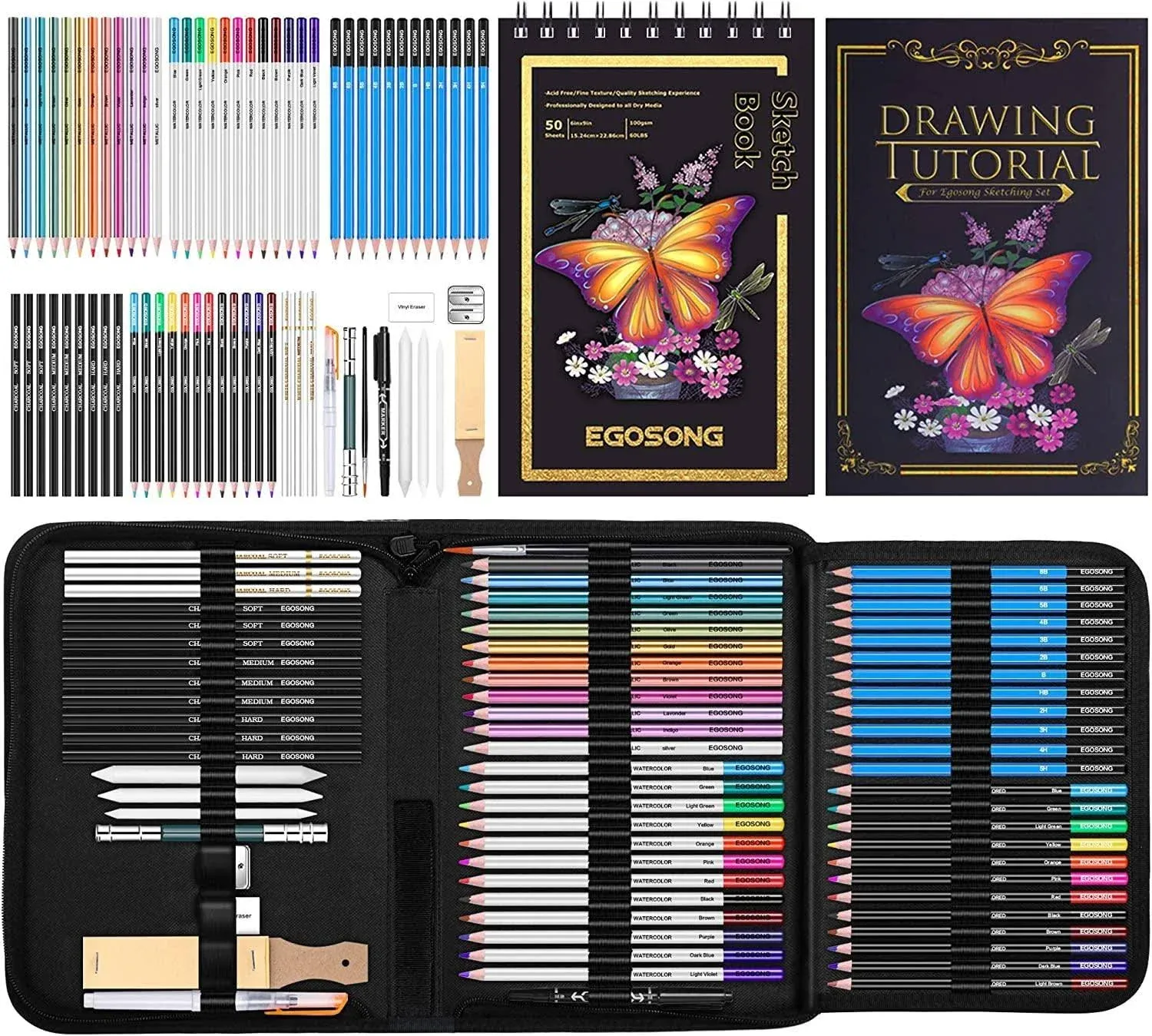 73 Drawing Set Sketching Kit,Pro Art Sketch Supplies with Sketchbook,Tutorial,Graphite,Colored