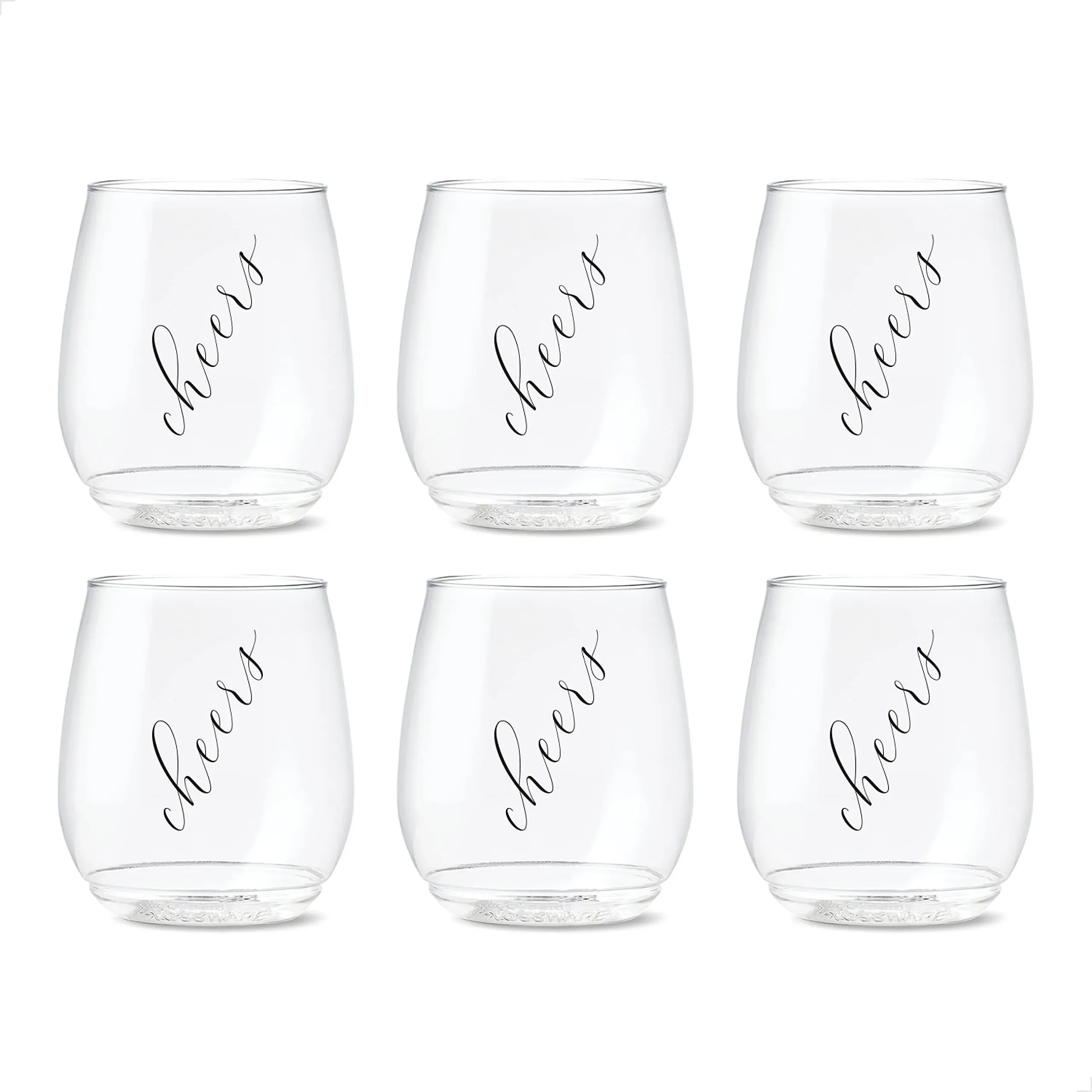 TOSSWARE POP 14oz Vino Classic Cheers Series - Black, SET OF 6, Premium Quality, Recyclable, Unbreakable & Crystal Clear Plastic Printed Glasses