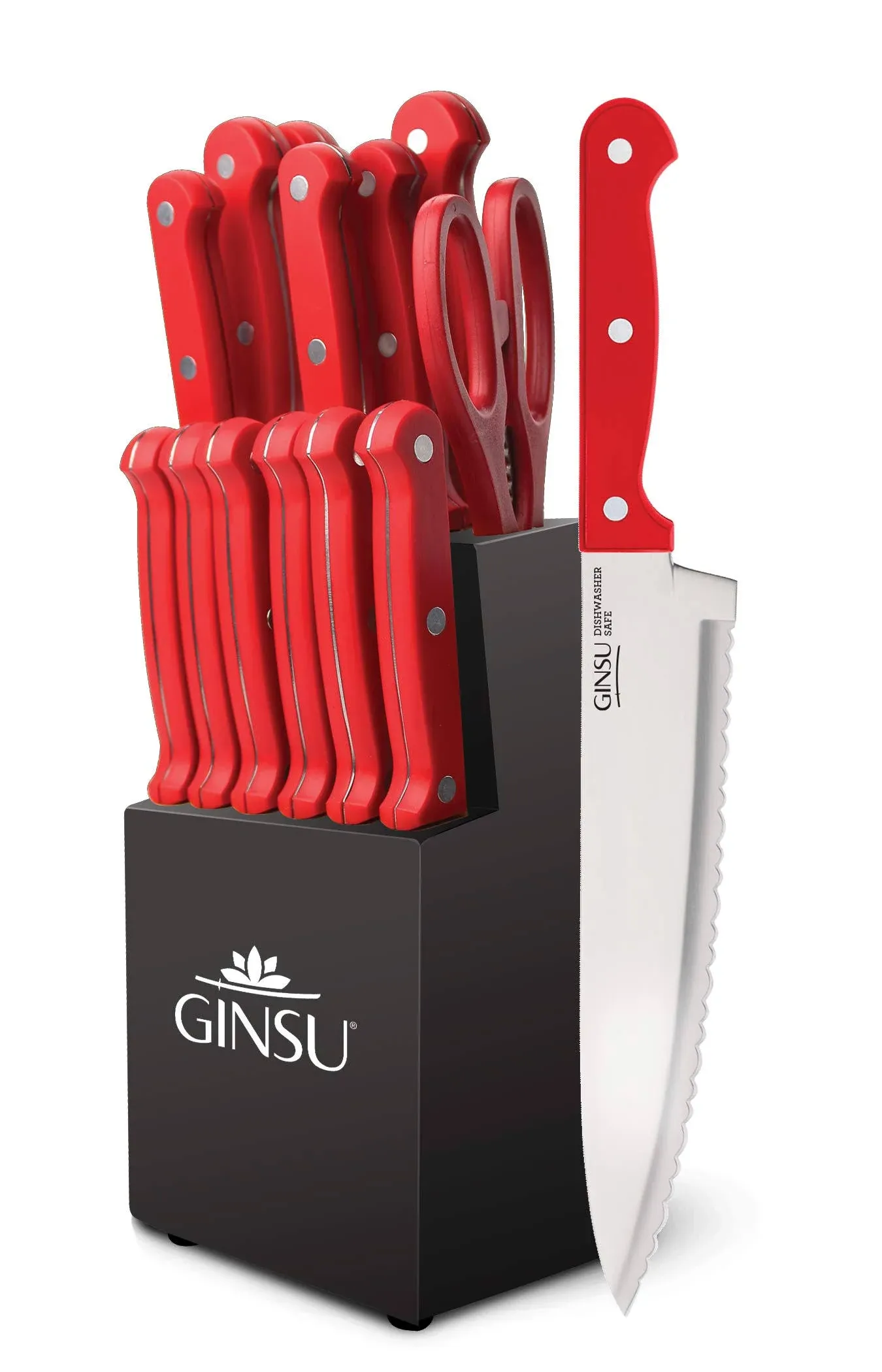 GINSU KIS-PU-DS-014-4 Kiso Dishwasher Safe Purple 14 Piece Knife Set With Black Block, 9" W x 15" H x 5" D