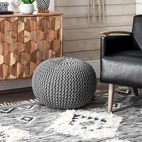 Ling Knit Filled Ottoman Grey Round Pouf