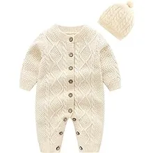 JunNeng Baby Newborn Cotton Knitted Sweater Romper Longsleeve Outfit with Warm Hat Set