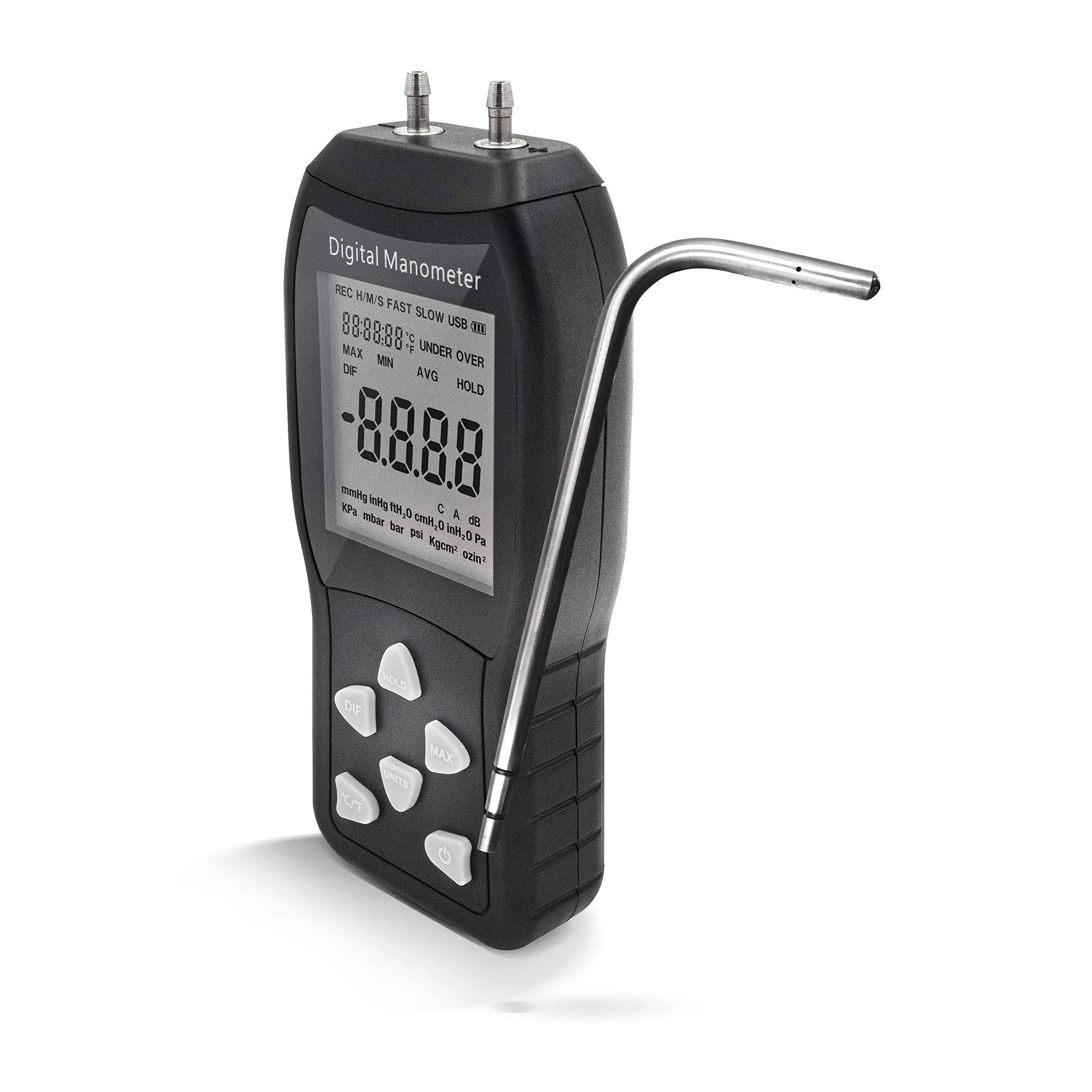 PerfectPrime AR1890P1, Digital Air Pressure Manometer to Measure Gauge & Differential Pressure ±13.79kPa / ±2 psi / ±55.4 H2O with 304 Stainless Steel Static Tube 5.13" x 2.34" Length