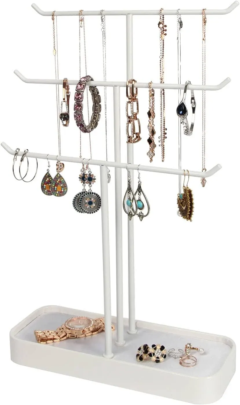 JACKCUBE Design Metal 3 Tier Jewellery Display Stand Tree Organiser Bracelet Necklace Holder Rack Hanger Tower with Earring Ring Tray Storage Tableto