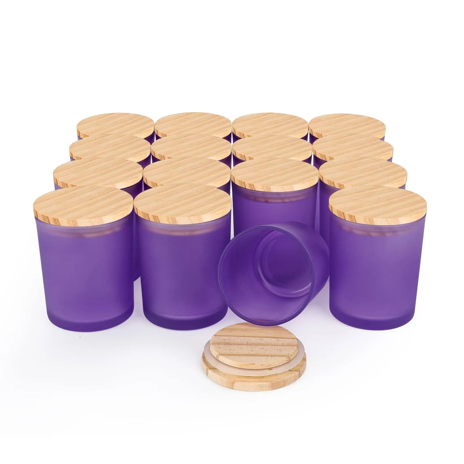 SHOWIN Thick Candle Jars for Making Candles 16 Pcs, 7 OZ Empty Jars with Wood Lids for Candle Making, Sample Container, Frosted Purple