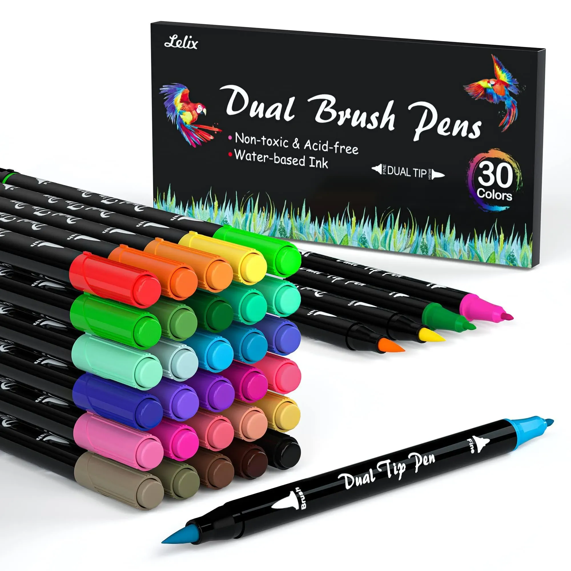 Lelix 30 Colors Dual Tips Brush Pens Art Markers, Brush and Fine Point Pens for ...