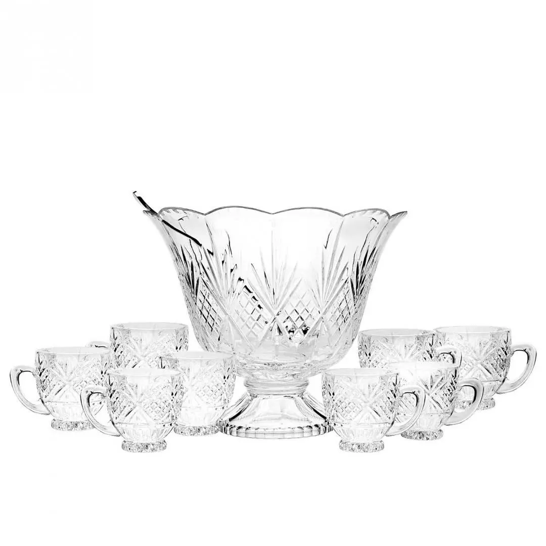 Godinger Dublin Crystal Punch Bowl Set with 8 Cups and Ladle - 10 Piece Set