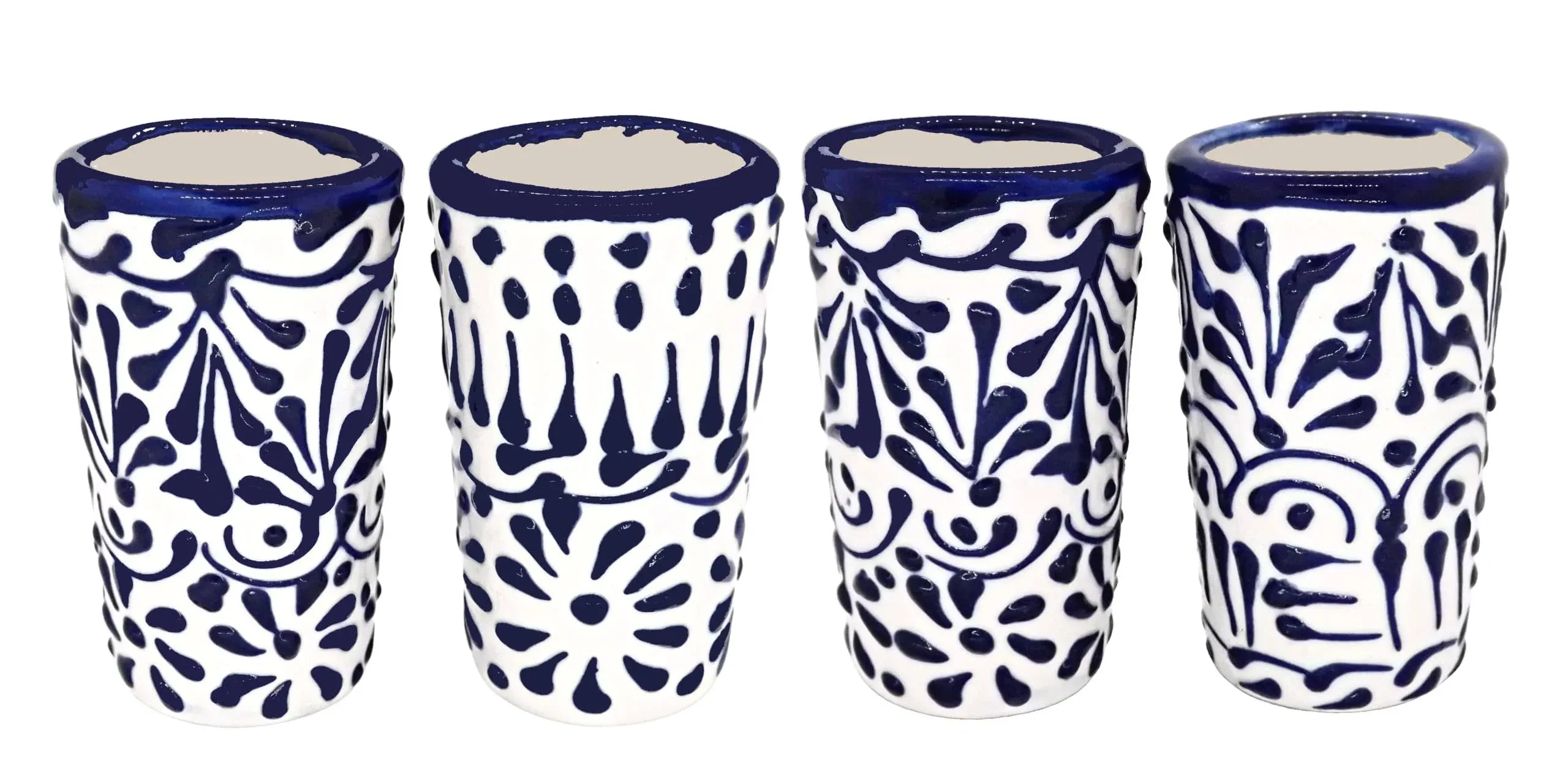 MEXTEQUIL - Talavera Shot Glasses Set of 4 Authentic Mexican Tequila Shot Glasses - Hand-painted - 2 Oz (Blue Lace)