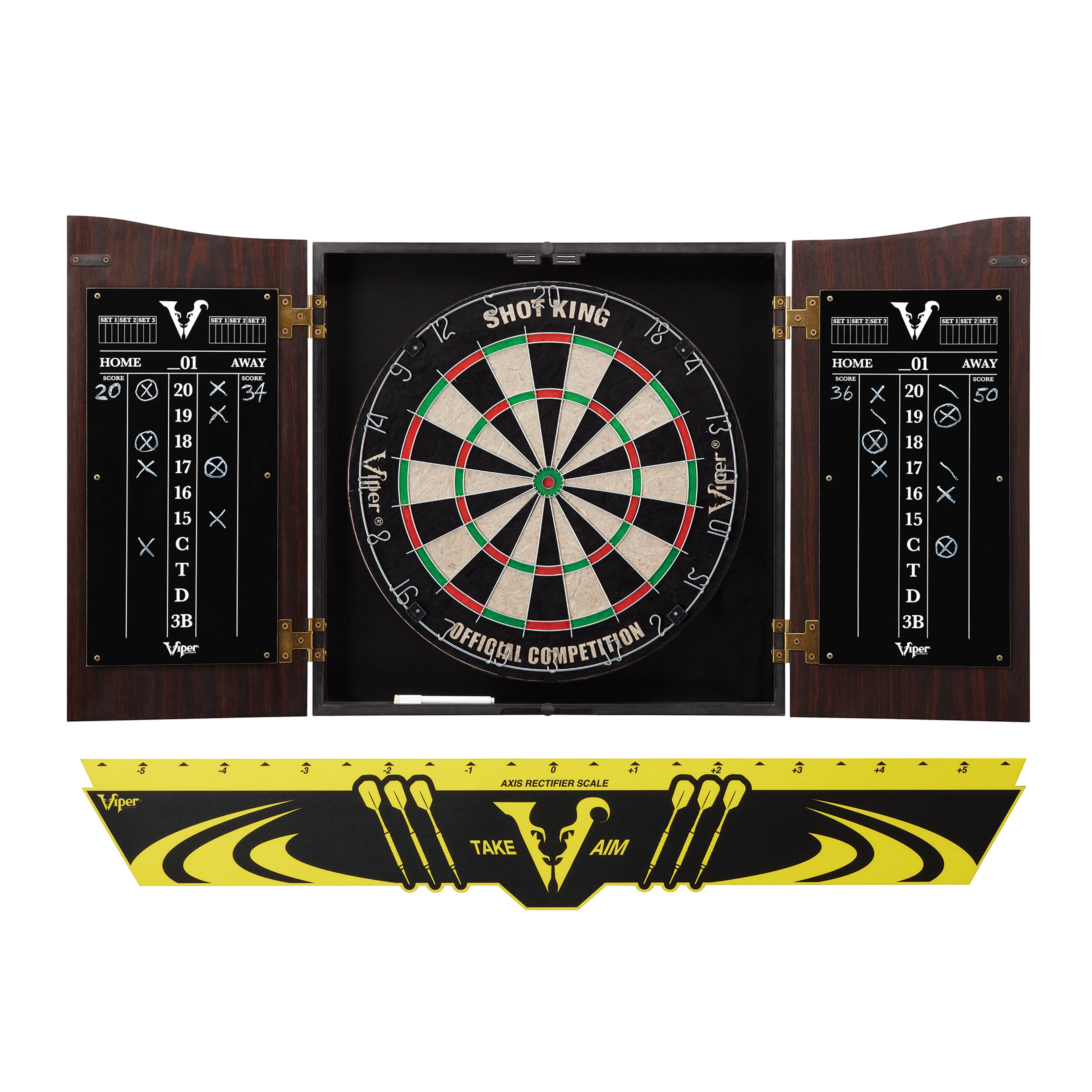 Viper Vault Cabinet & Shot King Sisal/Bristle Dartboard Ready-to-Play Bundle with Two Sets of Steel-Tip Darts, Throw Line, and Dry Erase Scoreboards, Walnut Finish